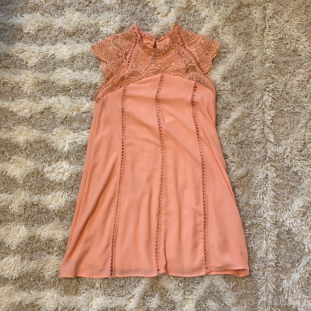 Peach cap sleeve lace mini dress